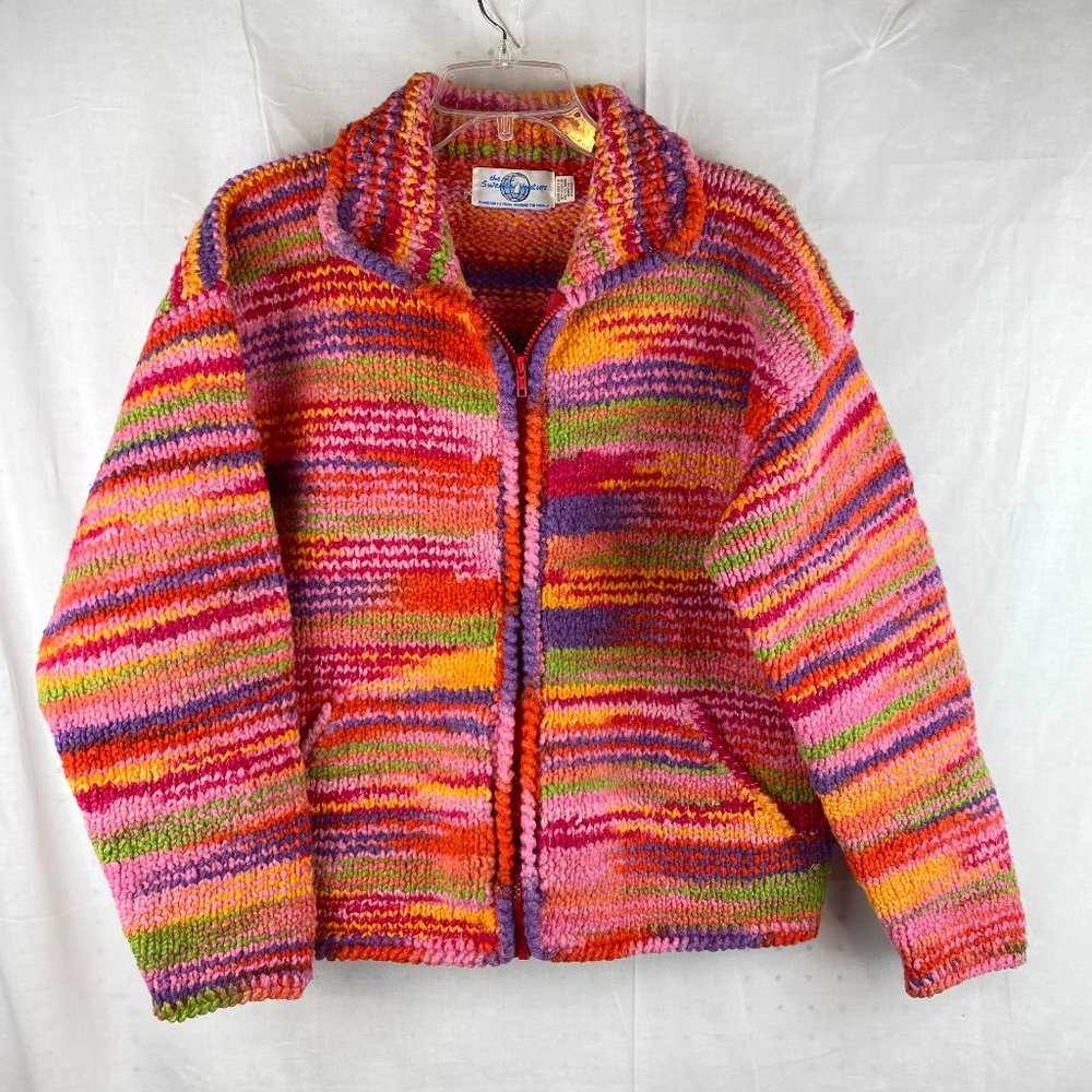 Hand Knit 100% Wool Sweater Ecuador XL Zip Red Purple Green Orange Pink EUC
